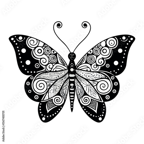 Detailed black and white butterfly illustration with intricate wing patterns