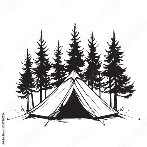 Forest Camping Illustration line art peaceful retreat under the stars, camping tent silhouette ,Camper trailer icon, Vector illustration, camping tent symbol