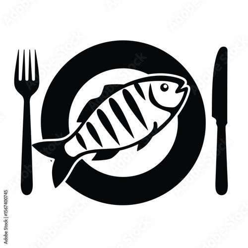 Black silhouette of grilled fish on plate with fork and knife