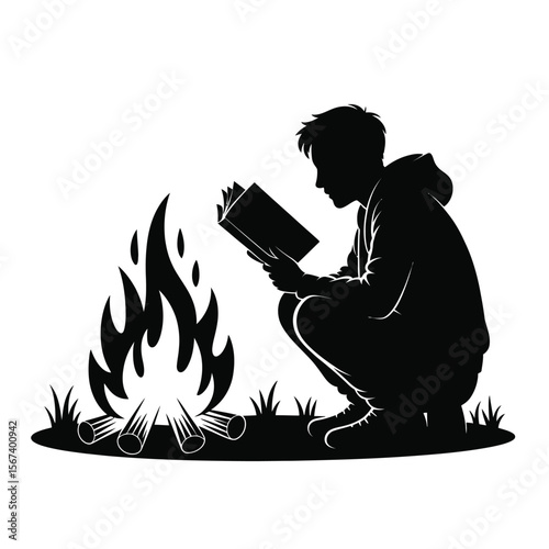 Silhouette of a person reading a book by a campfire on a grassy field