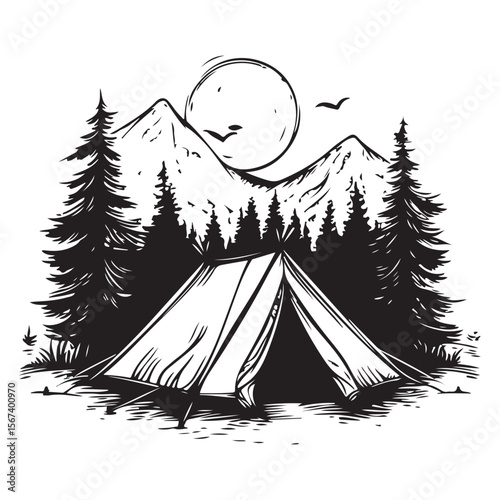 Forest Camping Illustration line art peaceful retreat under the stars, camping tent silhouette ,Camper trailer icon, Vector illustration, camping tent symbol