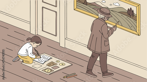 museum art restoration with man and young girl