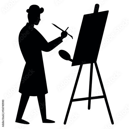 Realistic artist silhouette with paint splatter and brush strokes