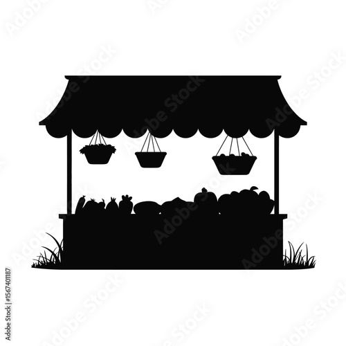 Silhouette of a farmers market stall filled with fresh produce and hanging baskets