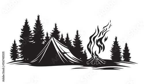 Forest Camping Illustration line art peaceful retreat under the stars, camping tent silhouette ,Camper trailer icon, Vector illustration, camping tent symbol