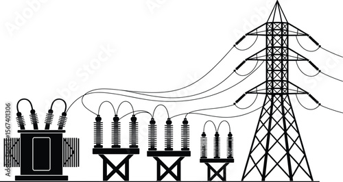 Electric power substation with transformer, insulators, high voltage tower and transmission lines, energy distribution network vector, infrastructure illustration graphic flat vector illustration