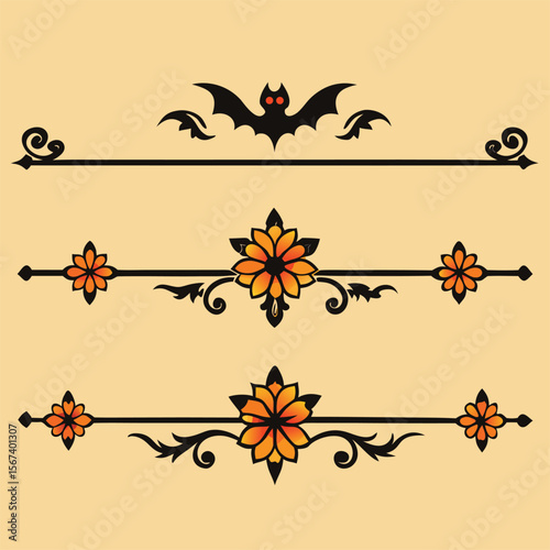 Halloween Bats flourish swirls fancy lines decorative elements