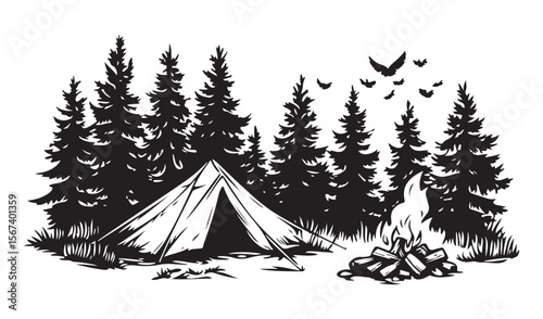 Forest Camping Illustration line art peaceful retreat under the stars, camping tent silhouette ,Camper trailer icon, Vector illustration, camping tent symbol