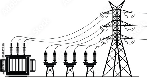 Electrical substation illustration with transformer, insulators, and power transmission tower, energy distribution concept, high voltage infrastructure vector graphic flat vector illustration
