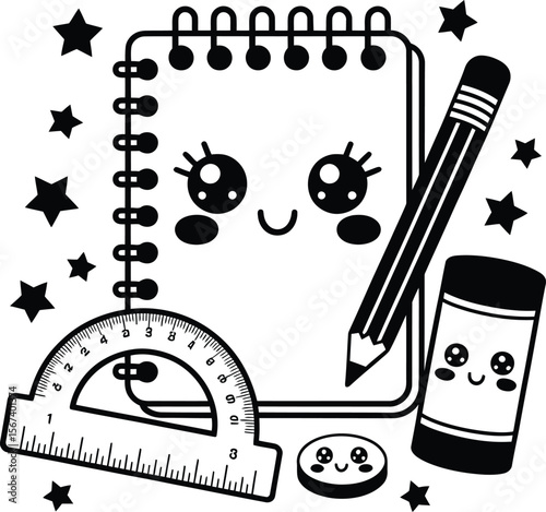 Kawaii stationery vector illustration notebook pencil eraser ruler stars for kids drawing design