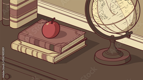 vintage school desk globe apple book stack