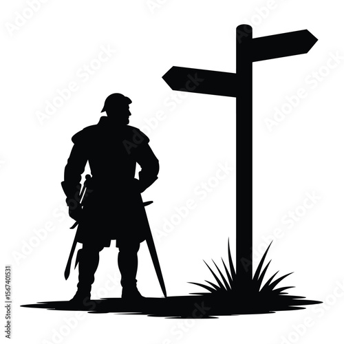 Silhouette of a medieval knight standing at a crossroads signpost