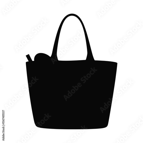 Simple black silhouette of a tote bag with handles and a small item peeking out
