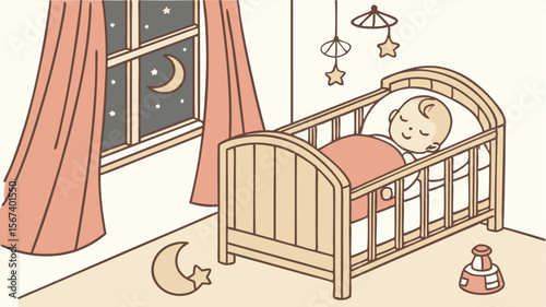 baby sleeping in crib at night near window