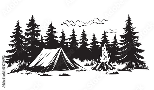 Forest Camping Illustration line art peaceful retreat under the stars, camping tent silhouette ,Camper trailer icon, Vector illustration, camping tent symbol