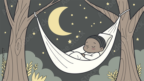 child sleeping in hammock under night sky