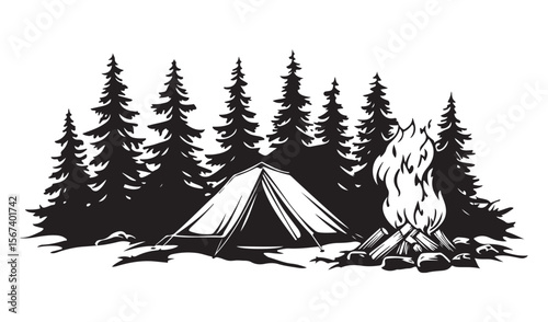 Forest Camping Illustration line art peaceful retreat under the stars, camping tent silhouette ,Camper trailer icon, Vector illustration, camping tent symbol