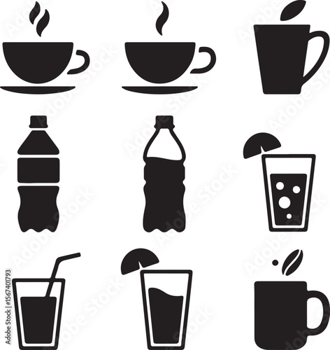 Collection of Beverage Icons Tea, Coffee, Juice, and Water