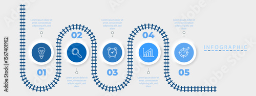 Five step infographic with road path and timeline map for process diagram with icon. Includes line element for business flow and creative milestone vector design with modern layout or pointer.