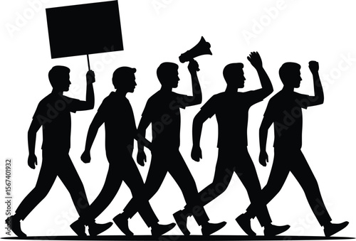 Protesting Crowd Silhouette with Megaphone and Sign, Social Justice Demonstration