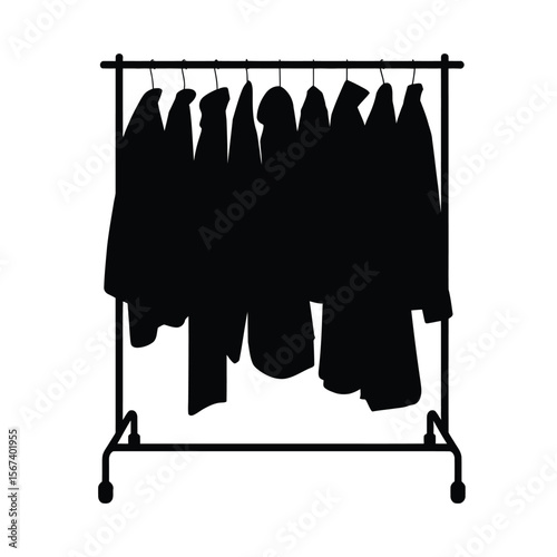 Silhouette of various coats hanging on a clothing rack with wheels