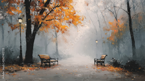 Misty autumn park scene with empty benches and vibrant orange leaves creates serene atmosphere