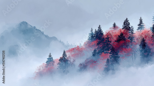 Serene landscape of misty mountains with vibrant red and green trees creates tranquil atmosphere
