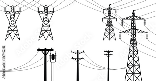 High voltage power lines and utility poles illustration, electric transmission towers and cables, electricity distribution network vector, energy infrastructure drawing flat vector illustration