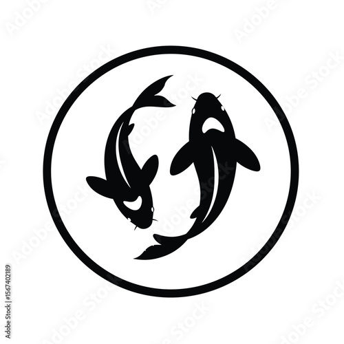 Black silhouette koi fish in circle icon carp