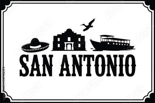 Foto San antonio texas silhouette icons including the alamo riverboat and sombrero