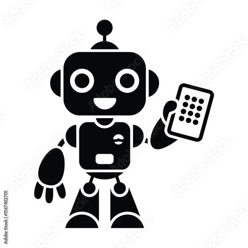 Friendly cartoon robot holding a remote control with a grid of buttons
