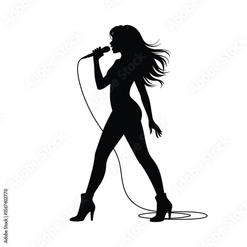 Silhouette of a woman singing into a microphone with flowing hair and high heels