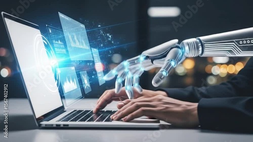 A robotic hand interacts with a human hand on a laptop, symbolizing ai collaboration in business