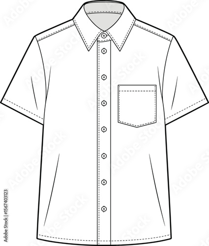 Short sleeve men’s button shirt with collar, front pocket detail, flat sketch vector, garment technical drawing, black white fashion template flat vector illustration