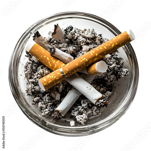 Cigarettes extinguished in a clear glass ashtray present a compelling visual about smoking cessation and related health concerns, transparent background
