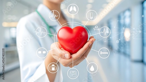 Doctor holding a red heart surrounded by medical icons representing health and wellness technology