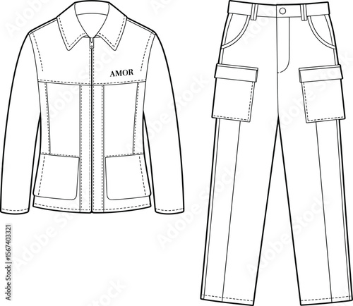 Technical fashion flat sketch of cargo jacket and pants set, front view design template, casual streetwear outfit, apparel drawing flat vector illustration