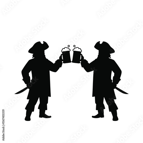 Two black pirate silhouettes toasting beer mugs vector