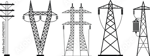 Various high voltage electric transmission towers and utility poles illustration, power line infrastructure, electricity distribution system vector, energy grid drawing flat vector illustration