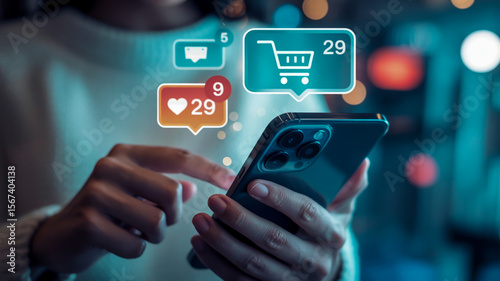 Above the phone, floating digital notification icons appear in a holographic style against a teal-colored background with bokeh effects