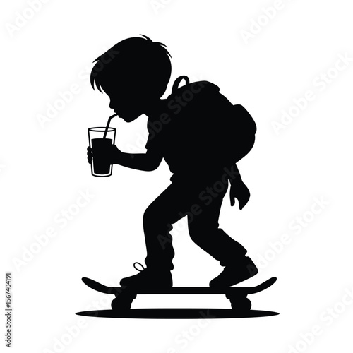 Silhouette of a boy with a backpack drinking from a glass while skateboarding