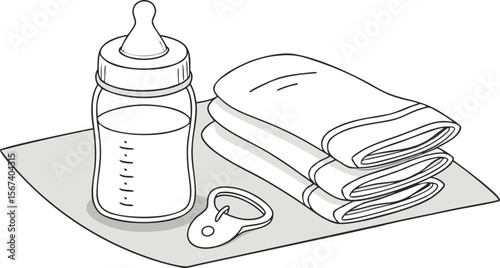 baby feeding bottle towel nipple set vector