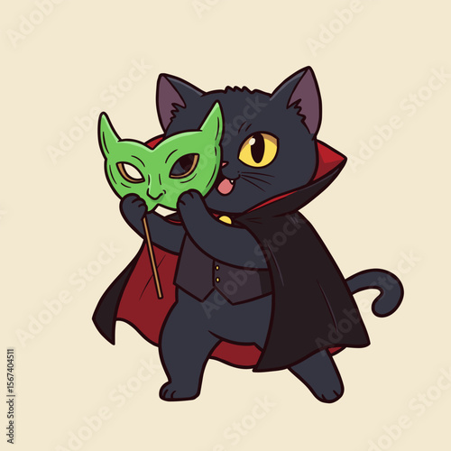 Cartoon black cat in a vampire costume with red-lined cape and bright yellow eyes, holding a green feline-shaped mask with long ears in a playful stance.