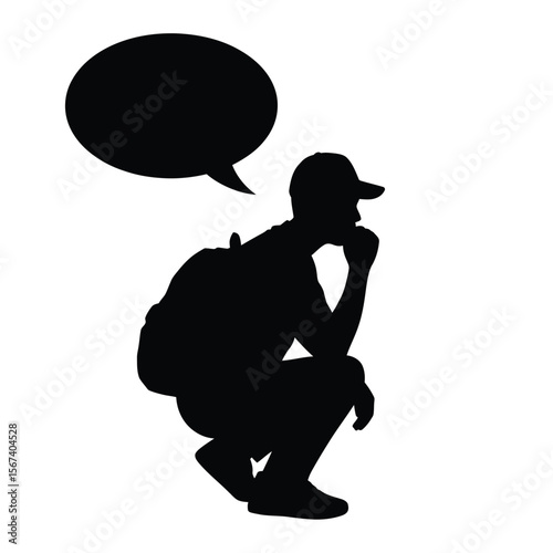 Silhouette of a person wearing a cap and backpack thinking with a speech bubble