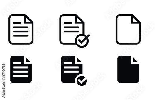Collection of document icons with and without checkmarks isolated on white background