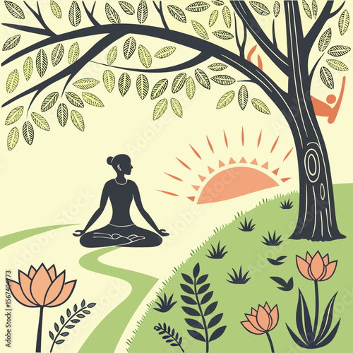 International yoga day poster template design.Woman doing yoga pose.