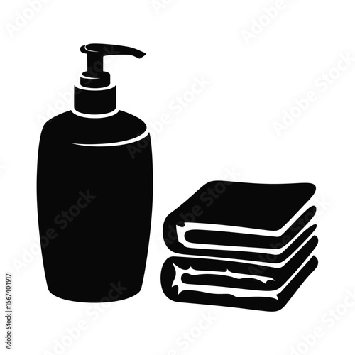 Black silhouette of a soap dispenser next to a stack of folded towels