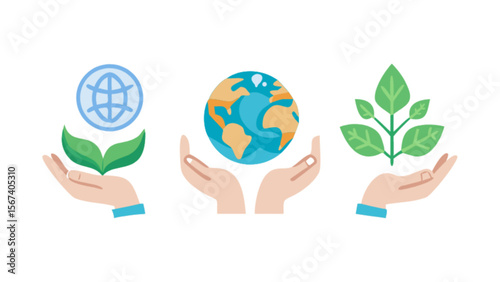 Hands holding earth globe and plant vector illustration for environment and ecology concept design idea