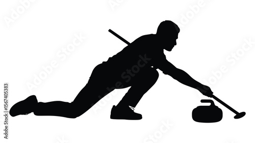 Silhouette of a male curler delivering a stone on the ice
