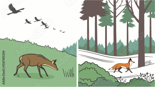 Illustration of deer in field and fox in forest with birds flying in the sky outdoor scene design
